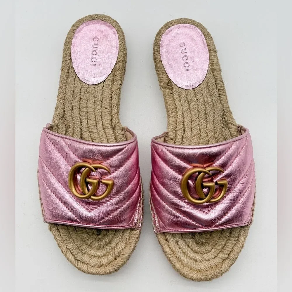 Gucci Pilar GG Marmont Metallic Rosa Leather Espadrille Slide Sandals EU 37 US 7